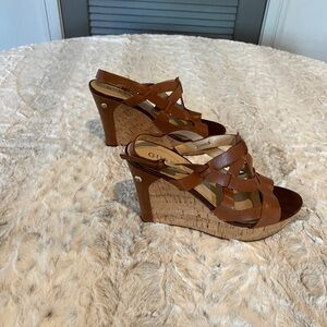 Guess Brown Leather Wedge Sandals with Wooden Heel